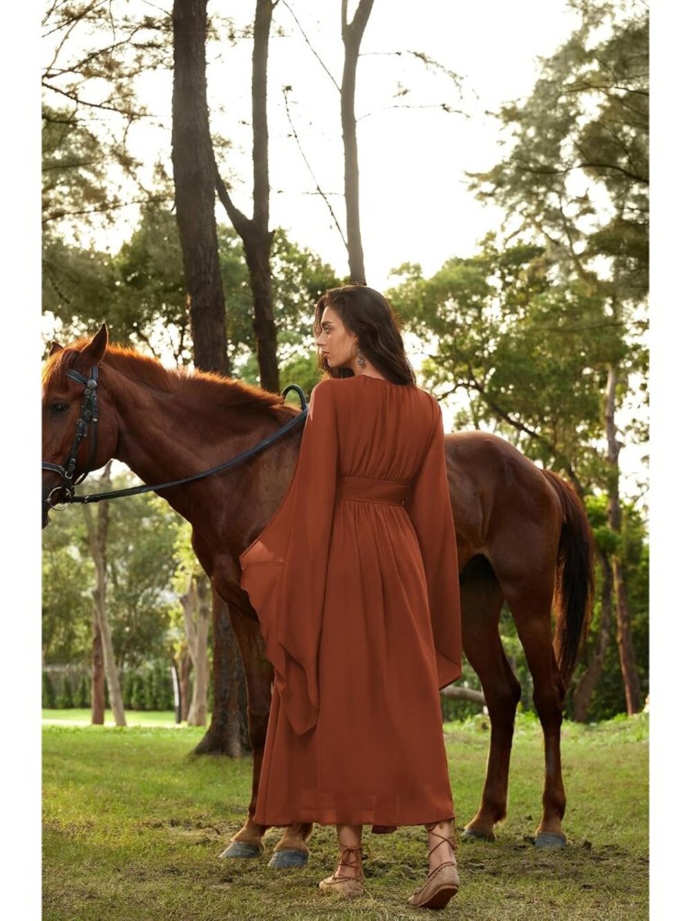 Women's Pumpkin Orange Bell Sleeve Wrap V Neck Medieval Imported Costume Dress - Picture 3 of 6
